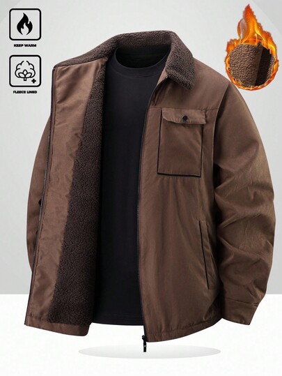 Manfinity Homme Jachetă de toamnă și iarnă, cu mânecă lungă, din catifea, pentru bărbați, mărime mare, pentru exterior, cu rever cu fermoar, design cu splicing maro, negru și multicolor, ținută business cu splicing din piele întoarsă, design contrastant cu buzunare, jachetă cu căptușeală din catifea, potrivită pentru ținute casual zilnice, excursii de weekend, activități în aer liber, călătorii și un mediu de lucru relaxat, este un cadou ideal pentru iubitul sau soțul tău., Jachetă cu căptușeală din fleece