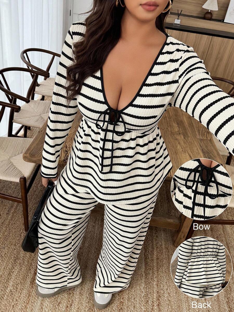 EMERY ROSE Plus Size Striped Long Sleeve Top And Pants 2 Pieces Set, Casual - Multicolor - View 1
