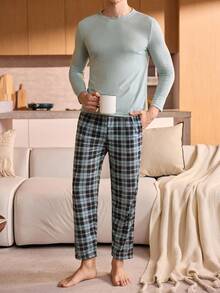 Manfinity Underwear&Sleepwear Basics Teen Boy Solid Color Long Sleeve Top And Plaid Pants Pajama Set, Autumn - Mint Blue - View 5