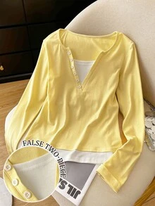 Resyla 女式二合一长袖T恤，清新简约 - 淡黃色 - 查看 2