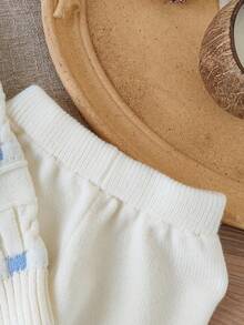 SHEIN Bộ áo dài tay phối màu tươi tắn, quần dài màu trơn, áo len cho bé trai mới biết đi - Xanh và trắng - Xem 6
