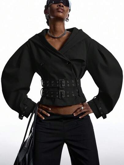 LYSMO Chaqueta de bombardero con capucha exagerada de diseño, de manga larga, de estilo minimalista, de color negro, de moda para mujeres en otoño 2025. Apta para disfraz de Halloween, uso casual de negocios, regreso a clases, estilo Y2K, gótico callejero, cálida para otoño e invierno