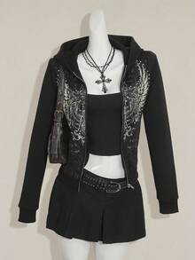 SHEIN ICON Y2K 女款万圣节哥特图案黑色秋冬翅膀印花长袖拉链前开休闲连帽衫 - 黑色 - 查看 4