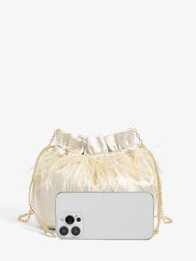 SHEIN BAE Túi xách dạ hội lông vũ màu mơ sang trọng thời trang dành cho nữ - Màu be - Xem 3