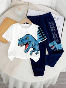 SHEIN 男婴休闲风格可爱恐龙与卡通动物拼色 Y2K 圆领短袖上衣和裤子套装