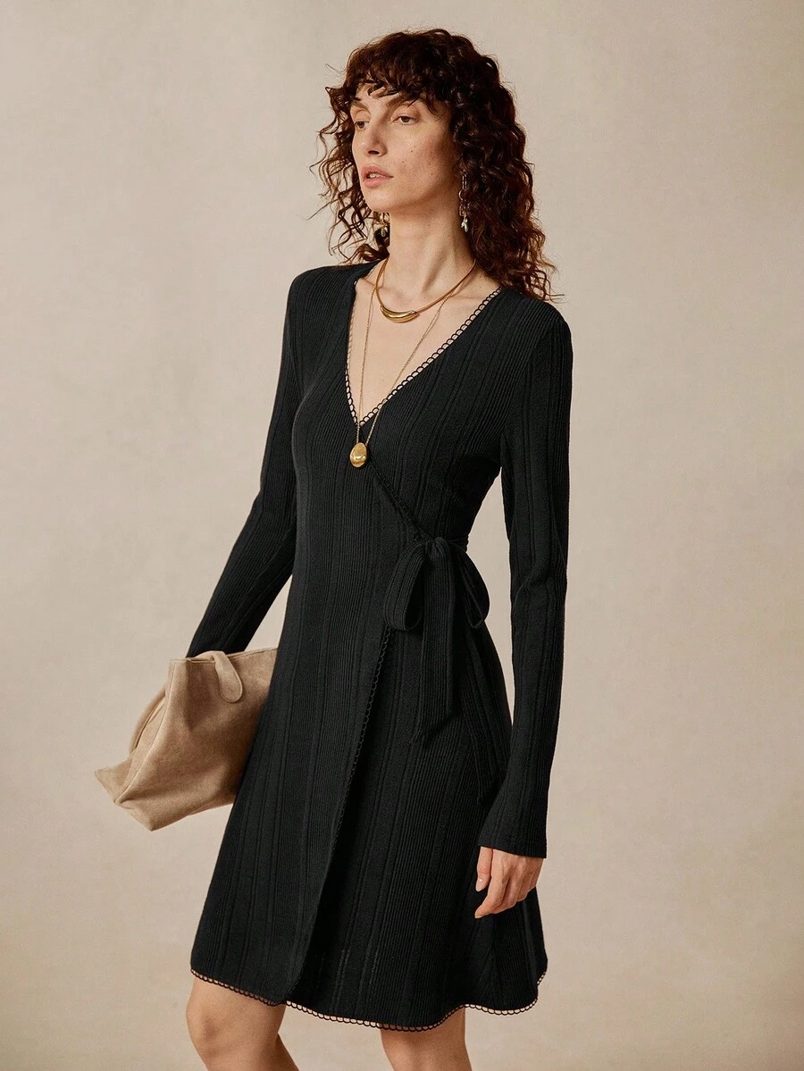 Chiquease Women's Solid Color V-Neck Long Sleeve Wrap Tie Casual Mini Dress - Black - View 1