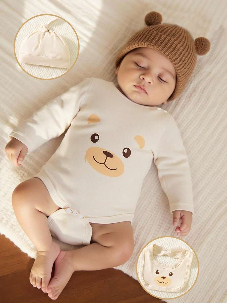 1 Set süßer Bären-Muster Säugling/Neugeborene/Baby/Kinder Unisex Langarm-Jumpsuit mit passendem Hut und Schal, weiches Strickgewebe, thermischer Komfort ohne Schwerkraft, geeignet für Frühling, Sommer, Herbst, Winter Alltagskleidung, Geburtstagsfest, Fotografie, Neuankömmling