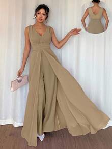 Rafferiza 优雅V领褶腰珍珠雪纺阔腿连体裤，适合婚礼宾客礼服，紫色 - 卡其色 - 查看 6