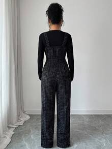 Elenzga Damen Lässige Latzhose mit quadratischem Kragen, ärmelos, dickes Karomuster, Knopfverschluss vorne, gerade Beine, geeignet für Halloween, Weihnachten, Neujahr, Thanksgiving, Arbeit, Abschlusszeit - Schwarz - Übersicht 2