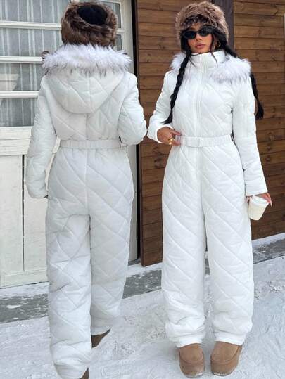 Muchica Vit luddig mössa och tjock jumpsuit för kvinnor, lämplig för lek i snö på hösten/vintern