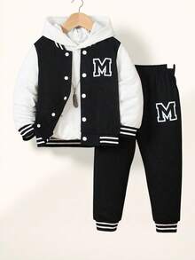 SHEIN Casuvi Kids 2 件/套 青少年男孩学院风套装：黑色针织上衣，白色袖子，印花字母“M”设计，搭配罗纹领、袖口和下摆印花运动裤。舒适、轻松、休闲的风格，适合春季、秋季、日常穿着、运动、学校、旅行 - 黑色 - 查看 1