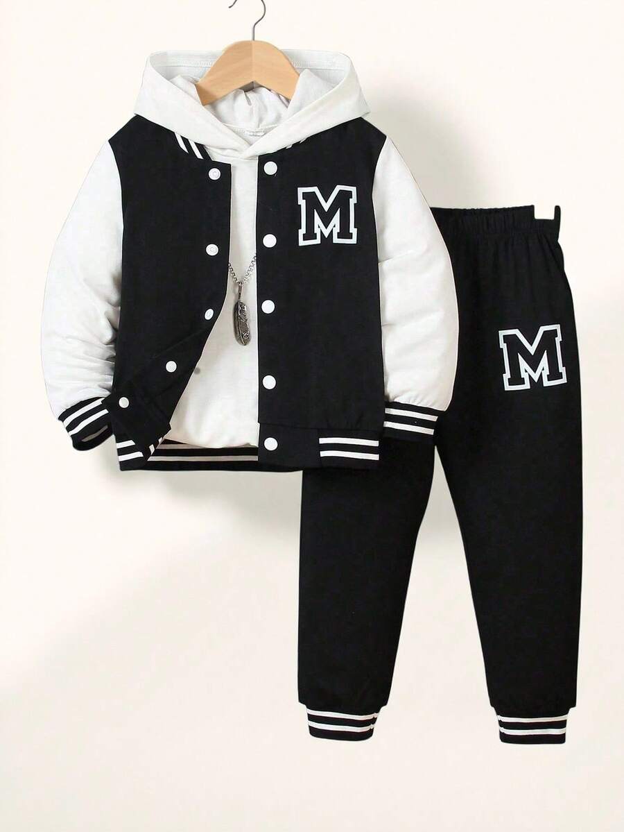 SHEIN Casuvi Kids 2 件/套 青少年男孩学院风套装：黑色针织上衣，白色袖子，印花字母“M”设计，搭配罗纹领、袖口和下摆印花运动裤。舒适、轻松、休闲的风格，适合春季、秋季、日常穿着、运动、学校、旅行 - 黑色 - 查看 1