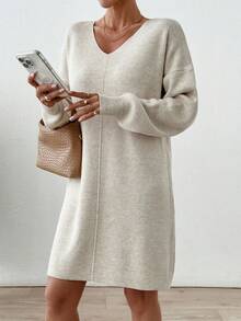 EURMUSE V Neck Long Sleeve Mini Sweater Dress - Apricot - View 7