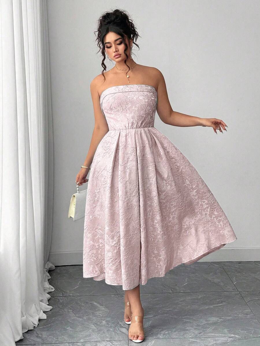 Elenzga 大码优雅浪漫法式高端礼服，收腰，合身紧身胸衣，喇叭裙 - 粉色 - 查看 1