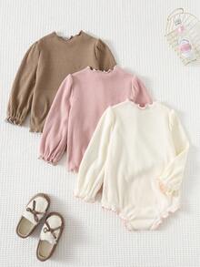 Cozy Pixies Set de 3 bodys de manga larga con cuello redondo, textura acanalada y volantes de contraste en unicolor para bebé niña - Rosa - Ver 2