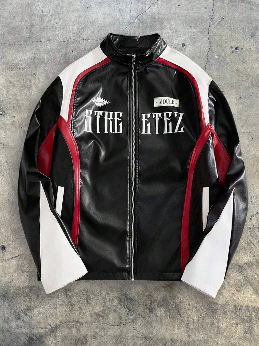 AXEPEAK Men's Loose Stand Collar Street Style Long Sleeve Jacket, Race Car Going Out Vintage Black Letter Long Sleeve Color Block Racing Lightweight Jacket, For Friends, Husband, Boyfriend Gifts, For Fall Winter - Black - View 1