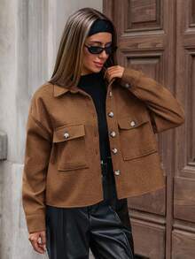 SHEIN Cottnline 女式纯色落肩长袖单排扣实用口袋休闲夹克，秋季 - 摩卡棕 - 查看 4