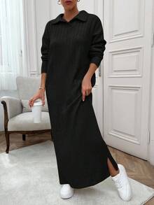 EURMUSE Vestido de suéter largo tipo maxi con cuello de polo y toque suave de hilo cepillado para mujer - Negro - Ver 5