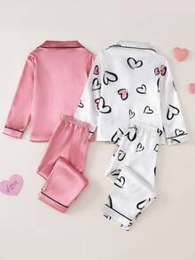 Genkimix Kids 2件套幼儿女童蝴蝶结刺绣和心形印花撞色饰边长袖上衣和裤子睡衣套装