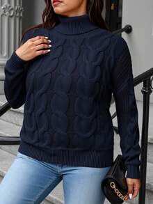 Calvaya Pulover casual cu mânecă lungă și guler înalt, pentru femei, mărime plus, culoare solidă, pentru femei, model toamnă/iarnă - Albastru marin - Vizualizare 5