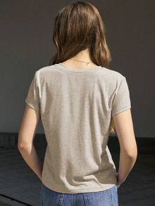 Jouncy 女士休闲蝴蝶结刺绣短袖T恤，夏季 - 卡其色 - 查看 2