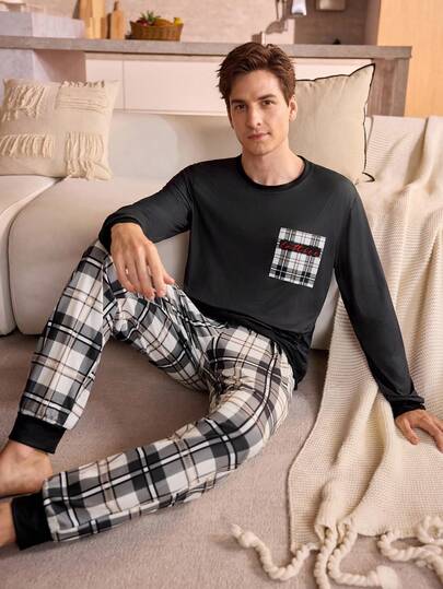 Manfinity Underwear&Sleepwear Basics 2pcs Plaid Crew Neck Long Sleeve Top And Pants Pajama Set For Men, Comfortable And Soft For Home Wear, Autumn, Christmas