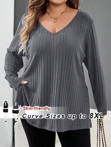 SHEIN CURVE+ Áo thun cổ chữ V viền gân màu xanh cỡ lớn, quần áo thu đông cho nữ, mùa đông, CONG CỠ LỚN/Mùa thu/Mùa đông - Màu xám đen - Xem 10
