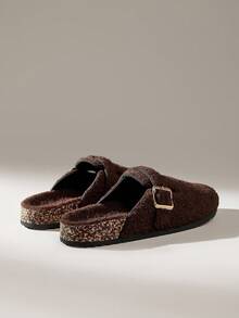 Solecia 女士搭扣设计圆头毛绒拖鞋，圣诞节必备 - 咖啡棕 - 查看 4