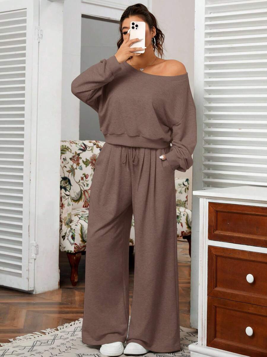 SHEIN EZwear 大码纯色不对称领长袖上衣和口袋裤休闲两件套 - 棕色 - 查看 1