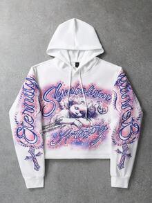 ROMWE MEN Street Life 男士休闲复古天使与字母印花抽绳连帽运动衫，适合春秋季 - 白色 - 查看 6