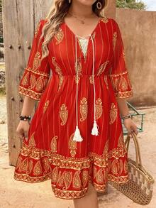 EMERY ROSE Hera Paisley Cashew Flower V-Neck Tie Tassel Print Plus Size Mini Dress - Red - View 5