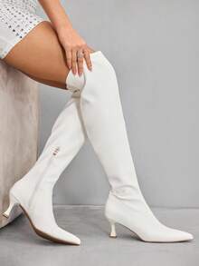CUCCOO SZL 女士秋冬新款白色时尚超高过膝靴，百搭尖头小猫跟优雅简约弹力过膝靴 - 白色 - 查看 3