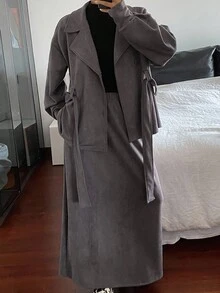 DAZY 女式绒面革领夹克和宽松短裙两件套，秋季 - 灰色 - 查看 3