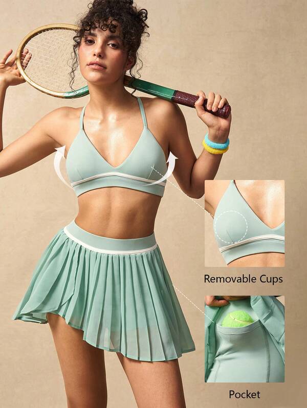 VARSITIE Women's Cropped Crisscross Back Tank Top And Pleated Skorts Sports Suit Tennis Outfits Women Tennis Skirt Sets Workout Sets For Women Yoga Short Sets For Women Gym Set Bra And Shorts