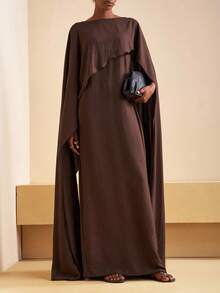 Zivah 2025 Autumn And Winter New Commuting Elegant Casual Vacation Brown Round Neck Sleeveless Long Dress + Asymmetrical Shawl Blouse Women Two Pieces Set, Travel, Commuting, Party, Vacation, Old Money Style, Shopping, Banquet, Elegant, Party, Date,Cozy Fall And Winter Clothes For Women