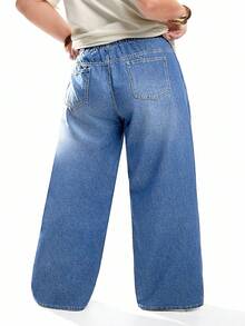 SHEIN ICON Plus Size Relaxed Fit Straight Leg Elastic Waist Jeans, Blue