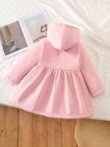 Elladie kids 女童粉色针织纹理复合保暖连帽长袖双排扣中长款防风外套，适合秋冬季日常穿着、外出、度假和聚会。