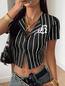StreetHx Áo sơ mi tay ngắn in chữ kẻ sọc giản dị phong cách đường phố dành cho nữ - màu đen - Xem 5