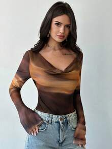 Firerie Women's New Elegant Minimalist Daily Casual Commute Versatile Brown Tie Dye Print Asymmetric Collar Long Sleeve Fitted Bodysuit, Autumn Fashion, Going Out Tops For Women, Airport Outfit For Women - Multicolor - View 6