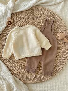 SHEIN 新生儿卡通动物图案纽扣前开衫，休闲日常穿着，秋冬 - 杏色 - 查看 3