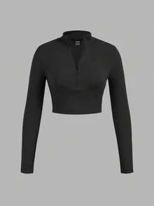 SHEIN EZwear 3pcs Women Zip-Up Ribbed Fabric Mock Neck Long Sleeve T-Shirt Set, Suitable For Spring & Autumn