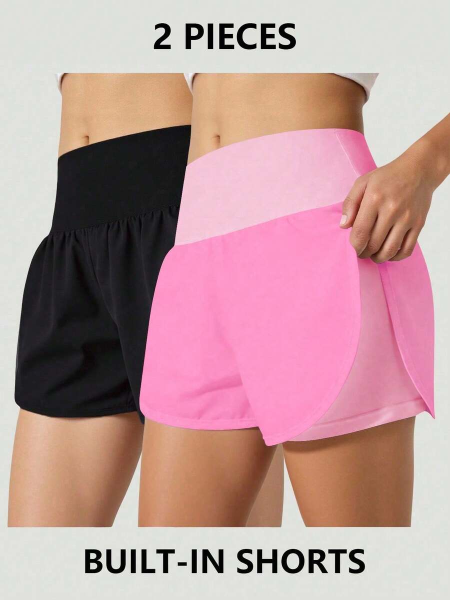 SHEIN 2 件套青少年女孩黑色和粉色简约宽松舒适百搭运动休闲装，高腰设计贴身修身，吸湿排汗，适合春夏季