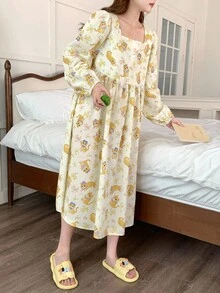 DAZY 可爱卡通印花方领泡泡袖宽松女式睡袍，适合秋季睡衣 - 黃色 - 查看 6