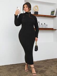 RueChic 100% Cotton Turtleneck Ribbed Knit Sweater Dress - Black - View 4