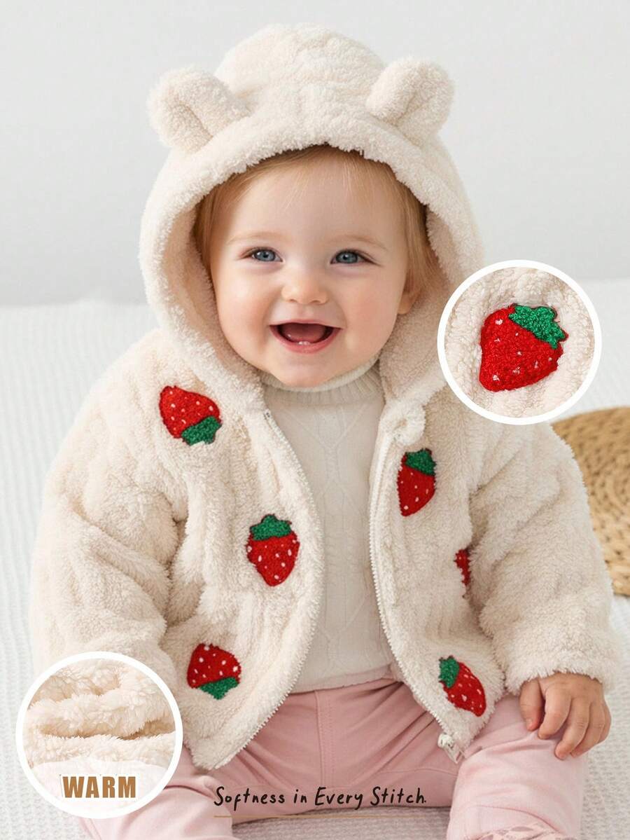Cozy Pixies Baby Girl Strawberry Textured Fleece Thick Hooded Long Sleeve Jacket, Versatile & Comfortable Fall Winter - Apricot - View 1