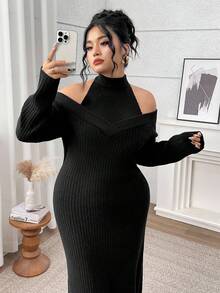 Modelyn Große Größen Elegantes Strickkleid in Unifarbe mit Trägerhals für Damen, Herbst-Winter-Kleidung, Schulterfrei - Schwarz - Übersicht 2