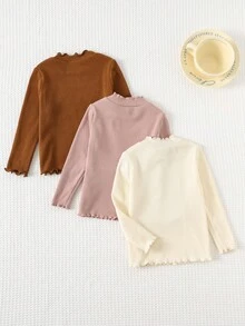 Cozy Pixies 3件套女婴纯色罗纹针织柔软圆领长袖荷叶边下摆连体衣套装 - 粉色 - 查看 2