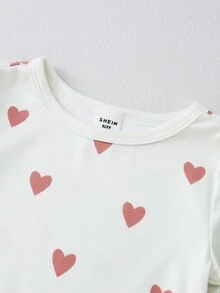 6pcs/Set Baby Girls' Casual Solid Color Round Neck Long Sleeve Top With Butterfly & Heart Print, Matching Leggings Homewear Set