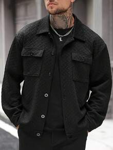 Manfinity Homme Men's Plus Size Jacket, Men's Buttoned Front Long Sleeve Pocket Simple Jacket, Casual Everyday Wear, Men's Jacket, Fall & Winter Edition Men's Jacket, Boyfriend Gift, Warm Long Sleeve Casual Jacket For Going Out, Men's Black Jacket, Men's Casual Jacket, Men's Shacket Textured Jacket For Men Black Jacket For Men Men Overshirt Loose Fit Jacket Men Shacket Designer Jacket - Black - View 5