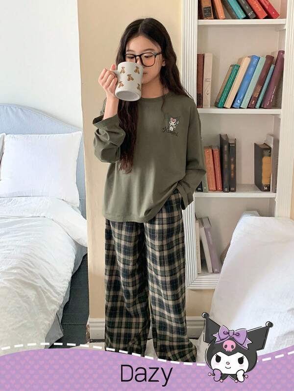 DAZY HELLO KITTY AND FRIENDS | SHEIN 青少年女孩舒适卡通图案长袖上衣和格子裤睡衣套装，秋季